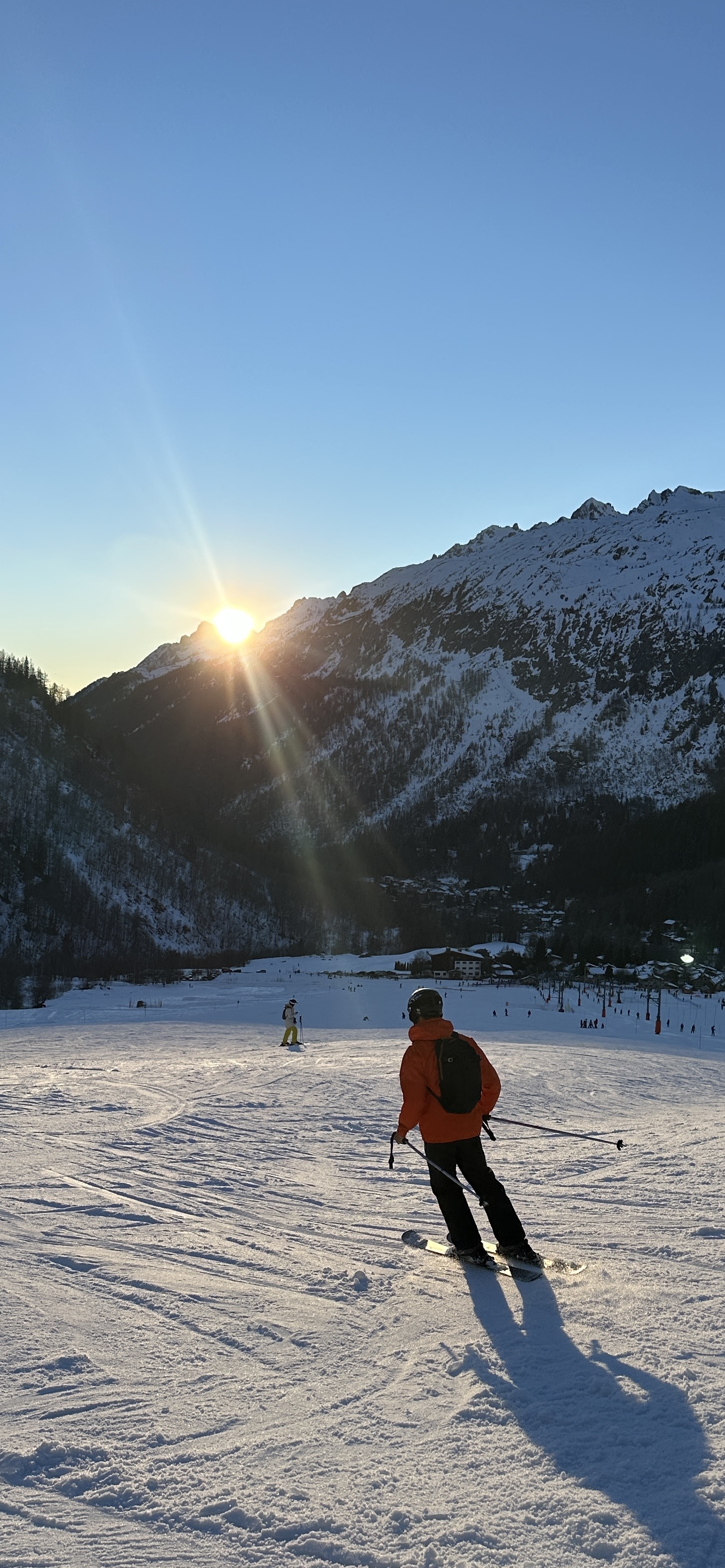 Skiing at sunset